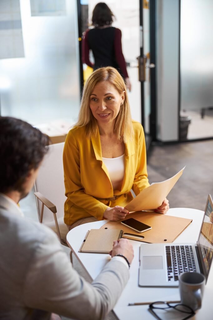 Positive delighted young HR manager having interview