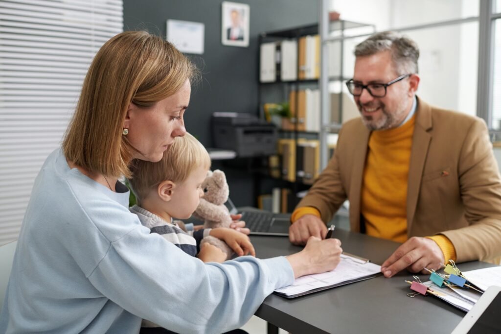 Woman filing documents for social benefits